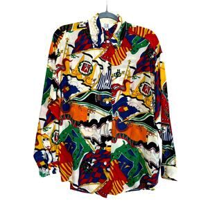 SLB By Sunny Leigh Vintage 100% Silk Nautica Blouse M Buttoned Front Closure